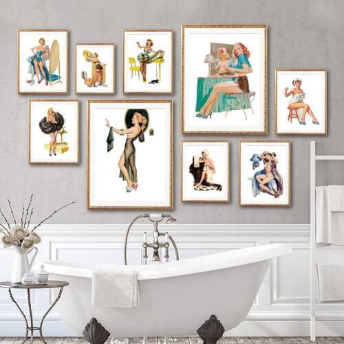 Retro Pin Up Girls Posters and Prints Bathroom Wall Art Decor , Vintage Ephemera Art Canvas Painting Wall Pictures Decorations