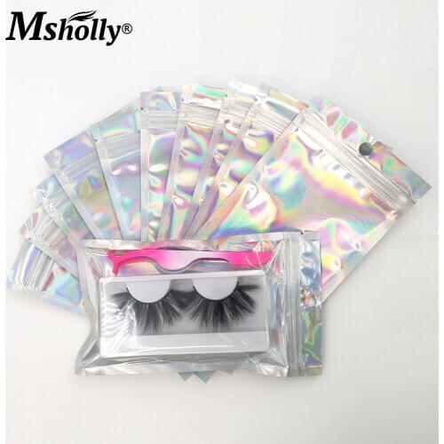 Wholesale Gift Packaging Eyelashes Package Bag For Lashes Make Up Holographic Laser Zip Lock Bag For Eyelashes 25mm Mink Lashes