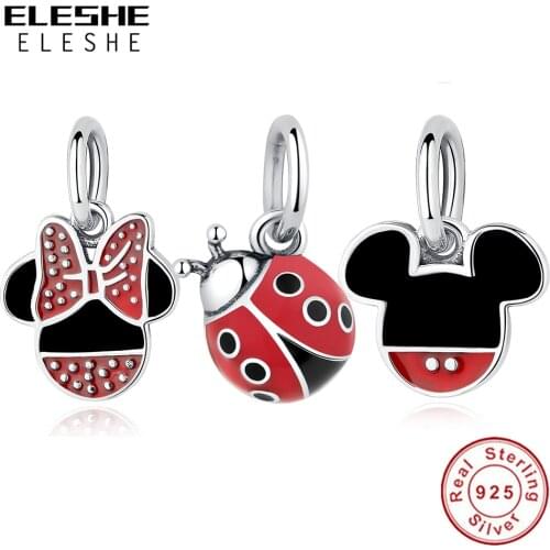 ELESHE Authentic 925 Sterling Silver Minnie Ladybug Dangle Charm Fashion Red Enamel CZ Beads Fit Original Bracelet DIY Jewelry