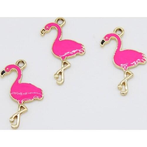 Leenahar-10PCS Cute Flamingo Charms Fushia Pink Enamel Animal Birds Pendant for DIY Necklace Earring Making Jewelry Finding