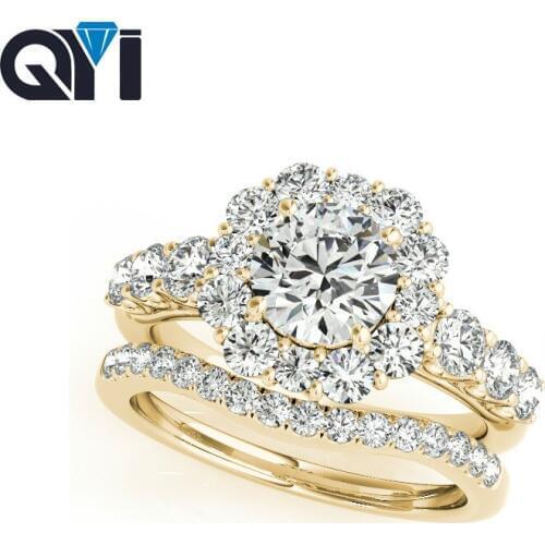 QYI 14k Yellow gold Halo Ring sets 1ct Round Cut Simulated Diamond Jewelry Single Row Engagement Wedding Rings For Women