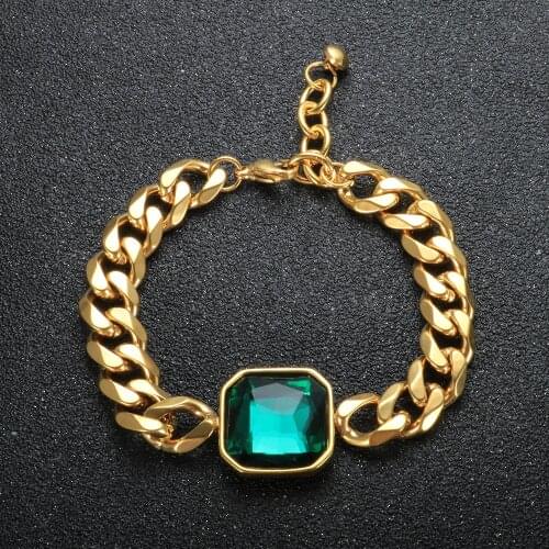 Luxury Green Crystal Bracelet Gold Plated Stainless Steel Punk Cuban Thick Link Chain Bangle Wrist Fine Jewelry For Women Men
