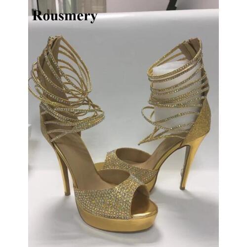 Summer Hot Selling Women Fashion Open Toe Rhinestone High Platform Sandals Cut-out Ankle Strap High Heel Sandals Dress Shoes