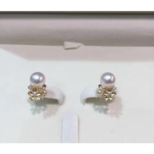 7-8MM natural sea water pearl ring 18K gold with diamond flower stud earring akoya pearl fine jewelry cute romantic