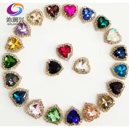 Mix color heart shape Crystal glass buckle,gold bottom sew on rhinestones for Diy/jewelry accessories 12mm/14mm/18mm 10pcs