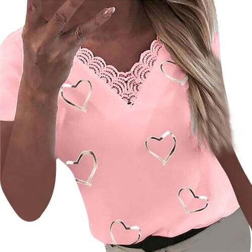 Women Hearts Print Tshirt V-neck Lace Patchwork Short Sleeve T-shirt Cute Sweet Women T Shirt Women Camiseta Mujer Verano#PY