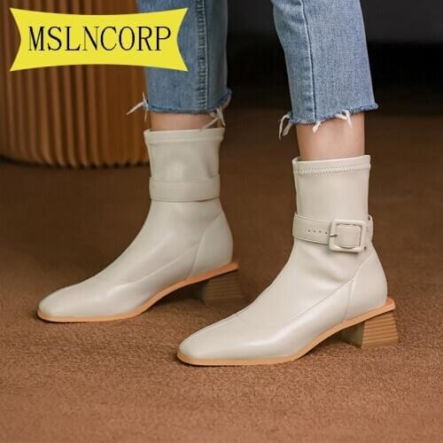 Big Size 34-43 Ankle Boots for Women Square Toe Fashion Shoes Warm Winter Short Boots Zipper Square Heels Comfortable Lady Shoes
