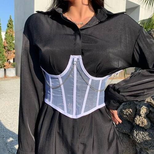 Women Fashion Punk Stylish Corsets Underbust Back Lace Up Metal Mesh Girdle Cummerbunds Chain See Through Push Up Waist Shaper