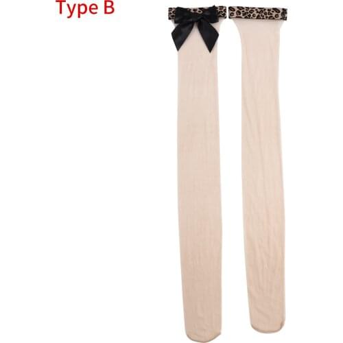 Women Lingerie Sheer Mesh Thigh High Socks Leopard Print Bowknot Decor Silky Beauty Stockings Porno Ultra Thin See Through Socks