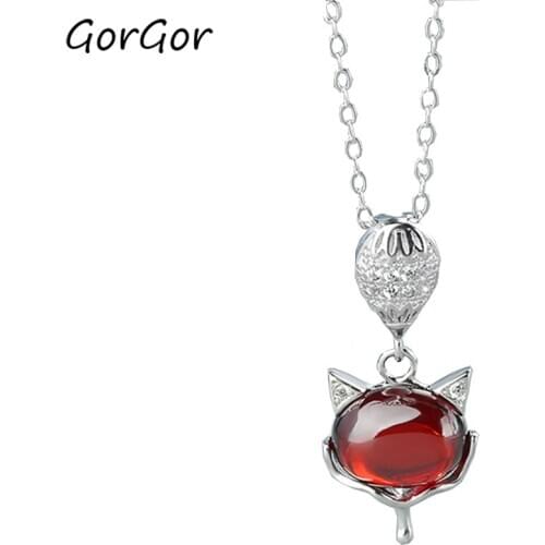 GorGor Necklace Women 925 Sterling Pattern Little Fox Ruby Pendant Individuality Exquisite Birthday Gift Fashion Jewelry XL060