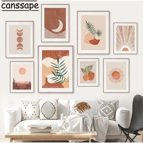 Abstract Paintings Sun Moon Wall Poster Plant Leaf Canvas Painting Landscape Print Boho Wall Pictures For Living Room Decoration