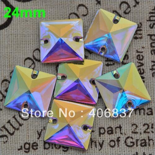Free Shipping, 50pcs/Lot, 22mm Crystal AB / Clear AB Square sew on stones flat back resin sew on rhinestones