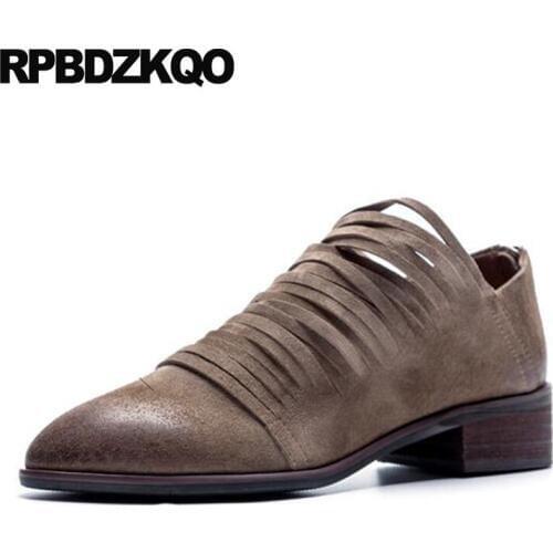 Zipper Genuine Leather Size 4 34 Novelty Brand Designer Shoes Women Pumps Low Heels High Luxury Thick Suede Pointed Toe 2018