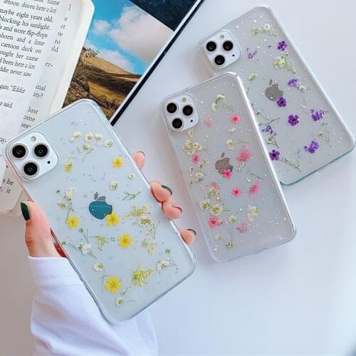 Real Dry Flower Glitter Clear Case For iPhone 11 Pro Max X XS XR Epoxy Star Transparent Case For iPhone 6 6s 8 7 Plus Soft Cover
