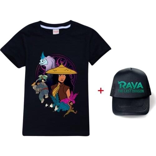 Kids T-shirt Girls Raya and The Last Dragon Cartoon Tshirt Sun Cap Cotton Tees Summer Clothes Short Sleeve Tops Children Outfits