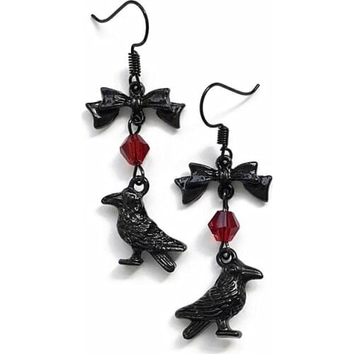 Gothic Raven Earrings, Red Beads, Black Crow Earrings