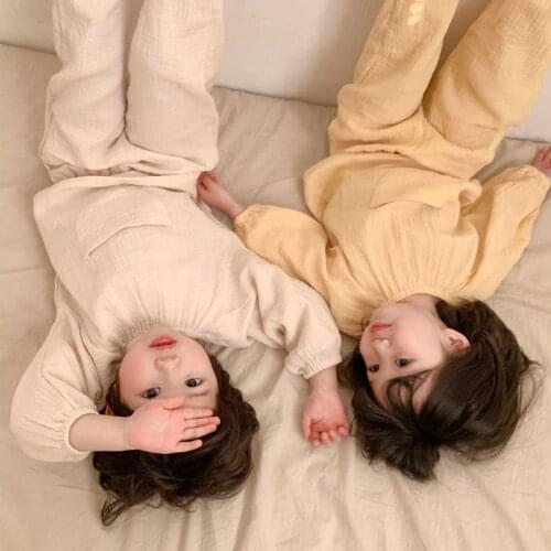 Korean Children Girls Pajamas Pure Color Clothes 2021 Summer Thin Home Clothing Sets 2pcs Long Sleeve Baby Pyjamas 1-5y Infants