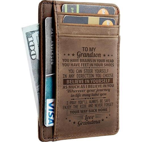 Leather engraved card wallet for son custom bi fold card holder slim wallet leather with box