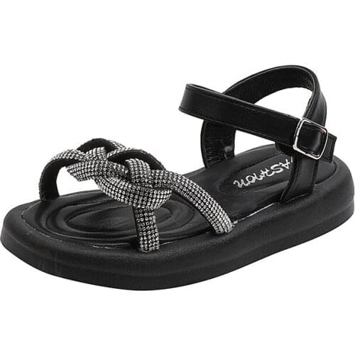 Girls 2021 Summer Soft Bottom Beach Shoes Fashion Flash Rhinestone Woven Strip Baby Princess Shoes Hot In Kids Casual Flats New