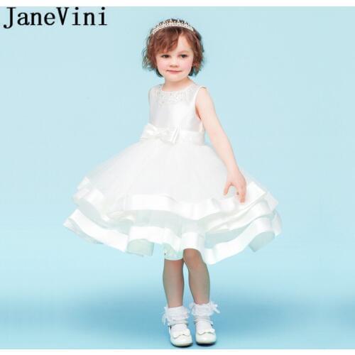 JaneVini Lovely White Girl Flower Dresses for Weddings Ball Gown Knee Length Beading Pageant Communion Dresses Short Party Gowns