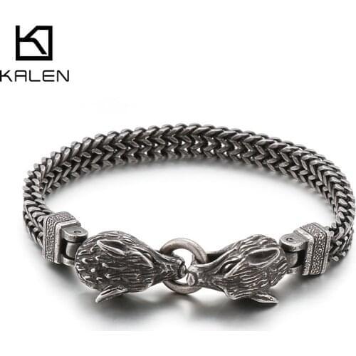 Kalen Vintage Viking Wolf 8/12mm Mens Stainless Steel Charm Bracelet Punk Animal Jewelry