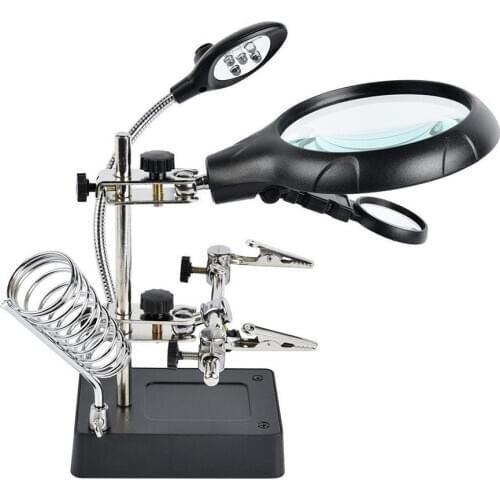 360 Rotation Desktop LED Magnifying Glass Lens Auxiliary Clip Loupe Soldering Iron Stand Magnifier Tool Optical Instruments