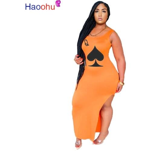 HAOOHU Women New Sleeveless Black Queen Poker Card Print Tank Maxi Dress Sexy Party Club Bodycon Side Split Midi Long Dresses