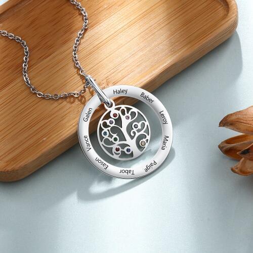 Personalized Silver Family Name Tree Of Life Pendant Necklace Crystal Birthstone Engraved Custom 9 Names Necklaces