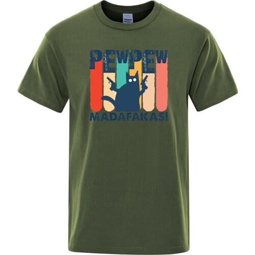 Pew Pew Madafaks Cat Printing Mens T-Shirt Crewneck Comfortable T-Shirt Breathable Vintage Tops Oversized Casual Tshirts Mens