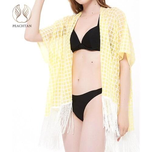 Peachtan Print cover up beach women Tassel swimwear female 2021 Mesh canga beach wrap Brazilain bathing suit robe de plage sexy