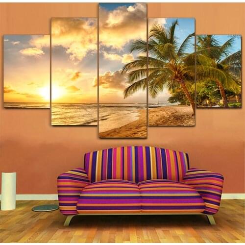 Modern Wall Art Pictures Home Decoration Posters 5 Panel Palm Trees Sea Sunset Landscape Frame Living Room HD Printed Painting