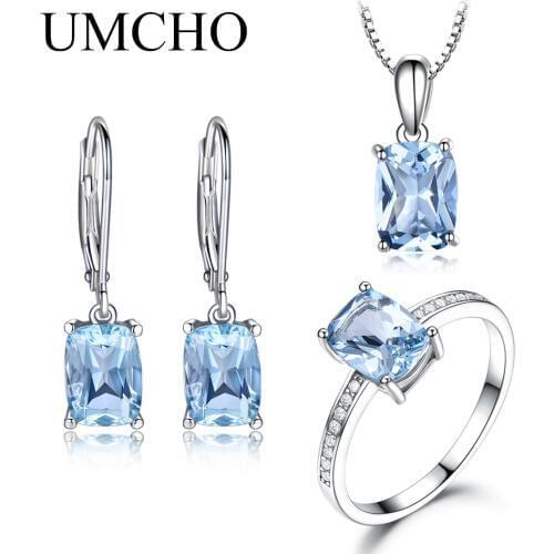 UMCHO Elegant 925 Sterling Silver Pendants Necklace Rings Earrings Sky Blue Topaz Wedding Jewelry Sets For Women With Box Chain