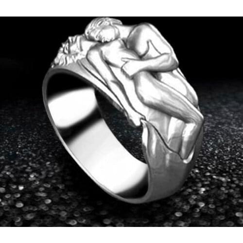 Unisex Creative Romantic Art Womens and Mens Silver Color Lovers Couple Hug Metal Ring for Party Jewelry Accessories