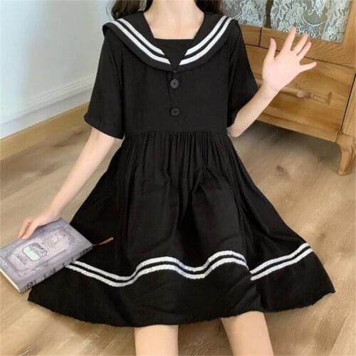 Japanese Summer Short Sleeve Sailor Collar Bow Black Dress Women Harajuku Kawaii Cute Lolita dress Soft girl Gothic A-Line Dress