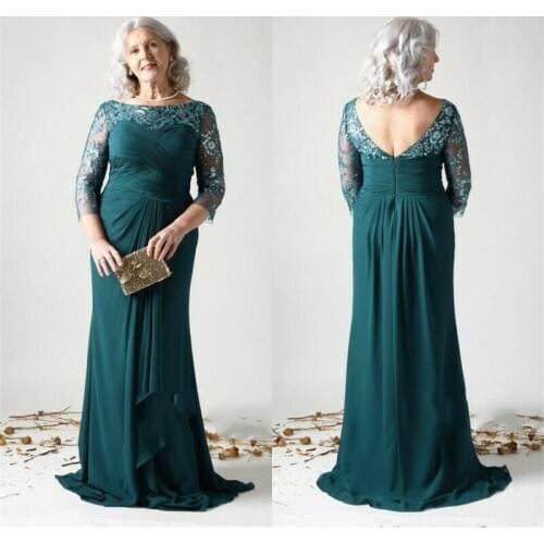 Green 2021 Mother Of The Bride Dresses Lace Appliqued 3/4 Long Sleeve Evening Gowns Plus Size Sequined Wedding Guest Dress