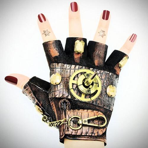 Corzzet Gothic Women Zipper Rock Steam Rivet Metal Steampunk Orange PU Leather Half Finger Gloves Costume For Women Accessories