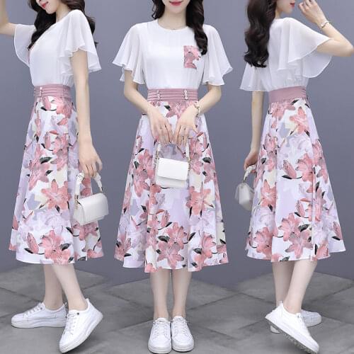 Two Piece Set Women Elegant Floral Print High Waist A-Line Skirts 2021 Summer Short Sleeve T-Shirt Ladies Fashion Clothing Suit