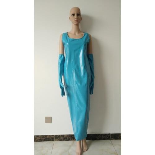 Cosplay Halloween Costumes women lake blue color faux leather PVC round neck sexy long skirt