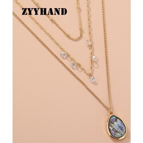 Natural Abalone Shell Women Pendant Necklace Girl Zircon Cross Golden Color Chain Lady Alloy Luxury Jewelry
