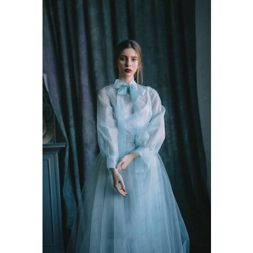 LO&LI 2021 New Organza-Dress Dresses Temperament Sweet Long Sleeve Mesh Dress Women Organza Slim Waist Swing Vestido De Mujer