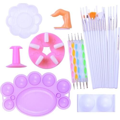 LCJ 15pcs nail art brushes + 5pcs Point drill pen + 2pcs Nail Art Palette + 1pcs Practice Finger for Nail Base Tools Set