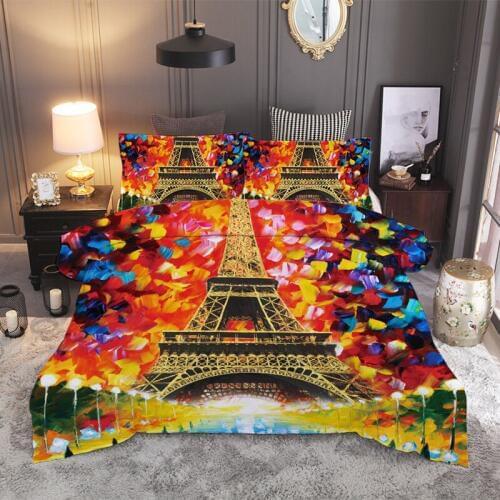 2/3 Pcs Oil painting Tower in Paris Bedding Set With Pillowcase Polyester Colored Bed Linen Duvet Cover Quilt Cover Set