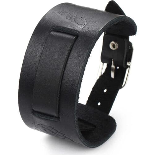 2021 Fashion Retro Hand-woven Wolf Head Pattern Wide Leather Bracelet Charm Cuff Belt Buckle Bracelet for Mens Accessories