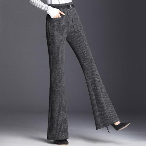 2021 Autumn Winter Women Elegant Solid Knitted Pants Female High Waist Elastic Knitted Trousers Lady Chic Wide Leg Trousers K538
