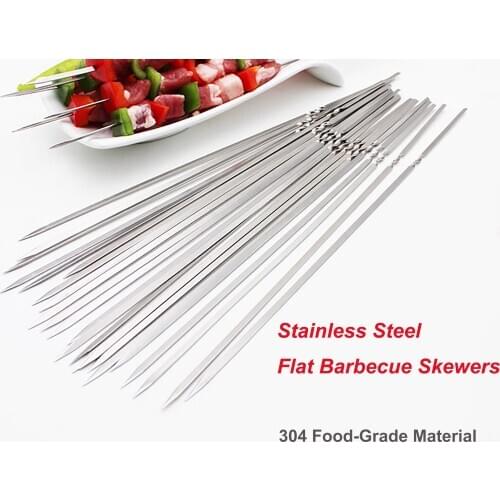 304 Stainless Steel Barbecue Skewers 15.75 Inch Length Flat Metal Grilling Skewers BBQ Sticks Set Reusable BBQ Tools Accessories