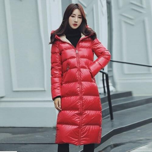 90% Thicken White Duck Down Jackets Shiny Side Hooded Women Warm Down Coats Long Slim Plus Size Female Down Outwear HK627
