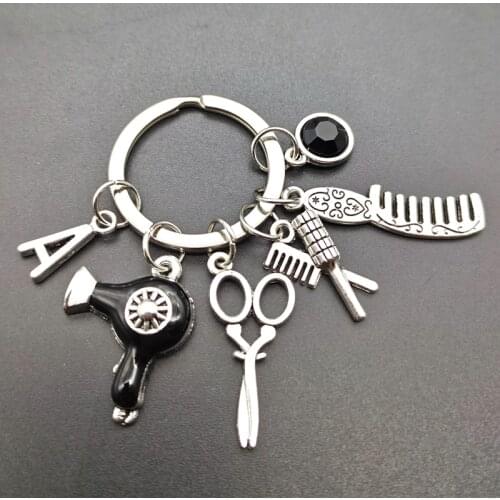 A-Z fashion style gift keychain pendant mini hairdressing scissors hair dryer comb keychain handmade retro jewelry new products