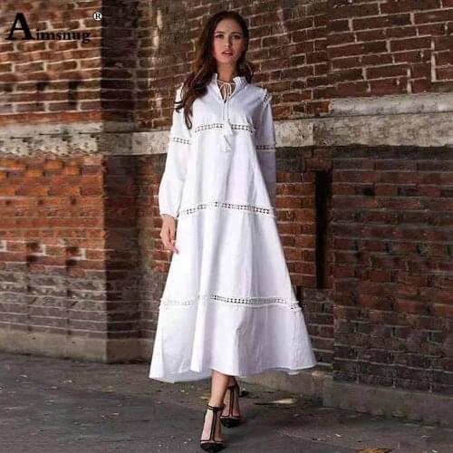 Aimsnug Women Elegant Long Maxi Dress Vintage Summer Loose Beach Dress Fashion 2021 Plus size Ladies Hollow Out Dresses Femme