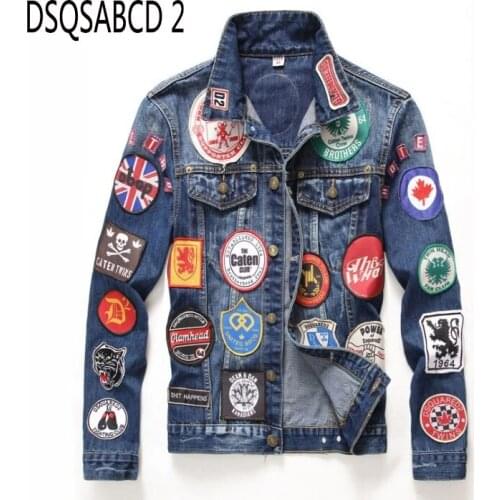 European Style dsq Brand Jacket Mens Badge Embroidery Denim Jacket Luxury Outerwear & Coats Blue Denim Slim Jacket for Men