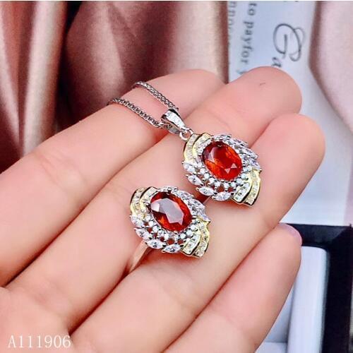 KJJEAXCMY boutique jewelry 925 sterling silver inlaid natural garnet gemstone female ring necklace pendant set support detection